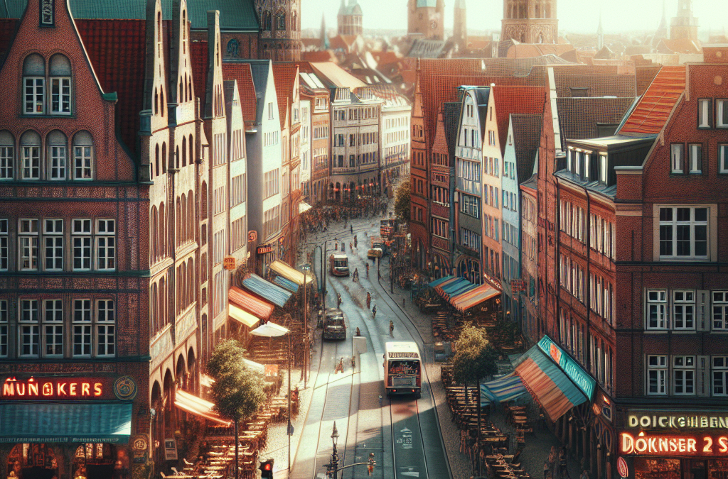A picturesque European city street with medieval-style architecture, bustling with people, bicycles, and a bus, lined with outdoor cafes and shops. Towers and spires rise in the background under a sunny sky.