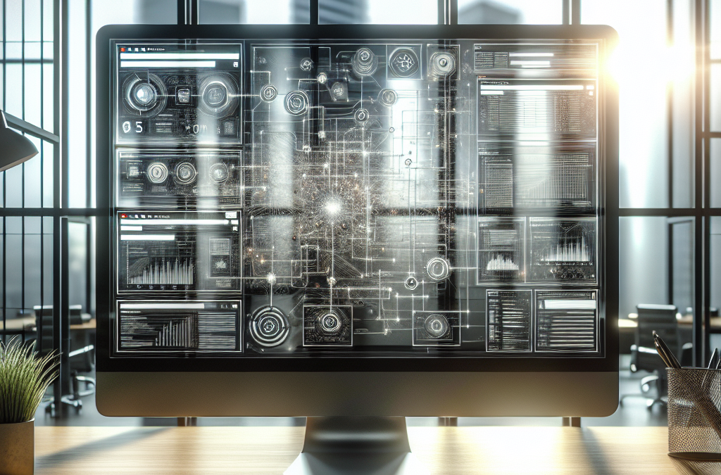 A computer screen displaying complex data visualizations and graphs, set on a modern desk with office items like a keyboard, mouse, and some plants. Sunlight streams in from large windows in the background.