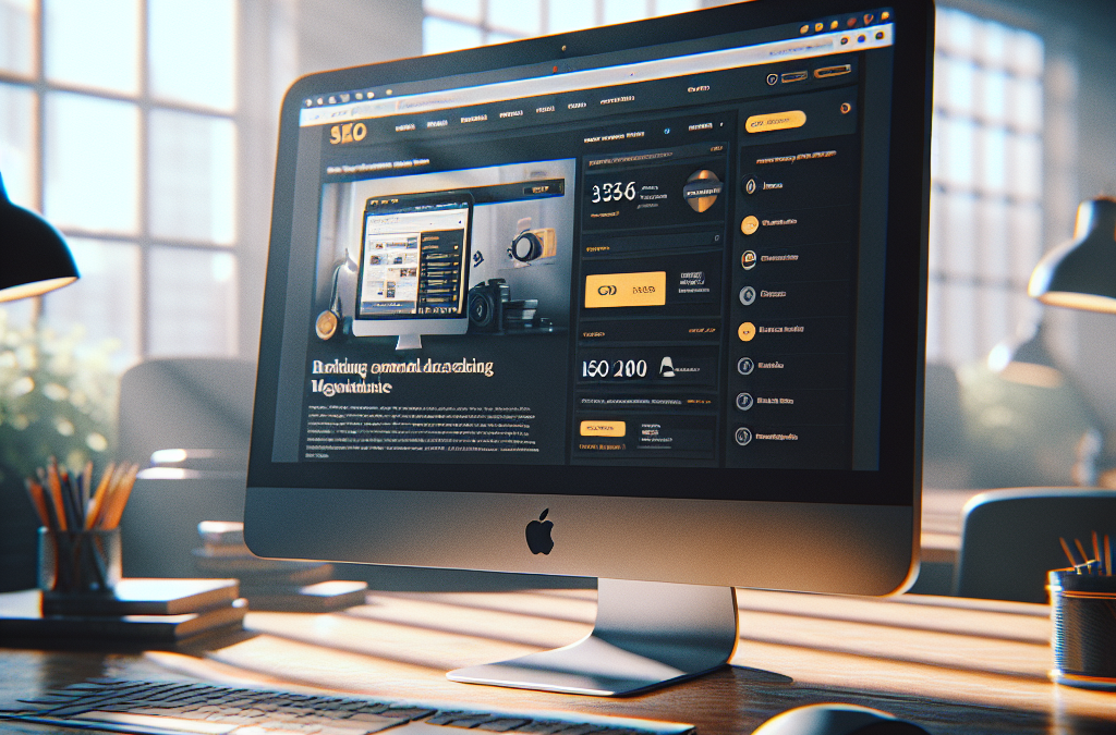 A sleek computer monitor on a wooden desk displays a website with a dark interface in a well-lit modern office. A keyboard and mouse are in the foreground, with large windows and office decor in the background.