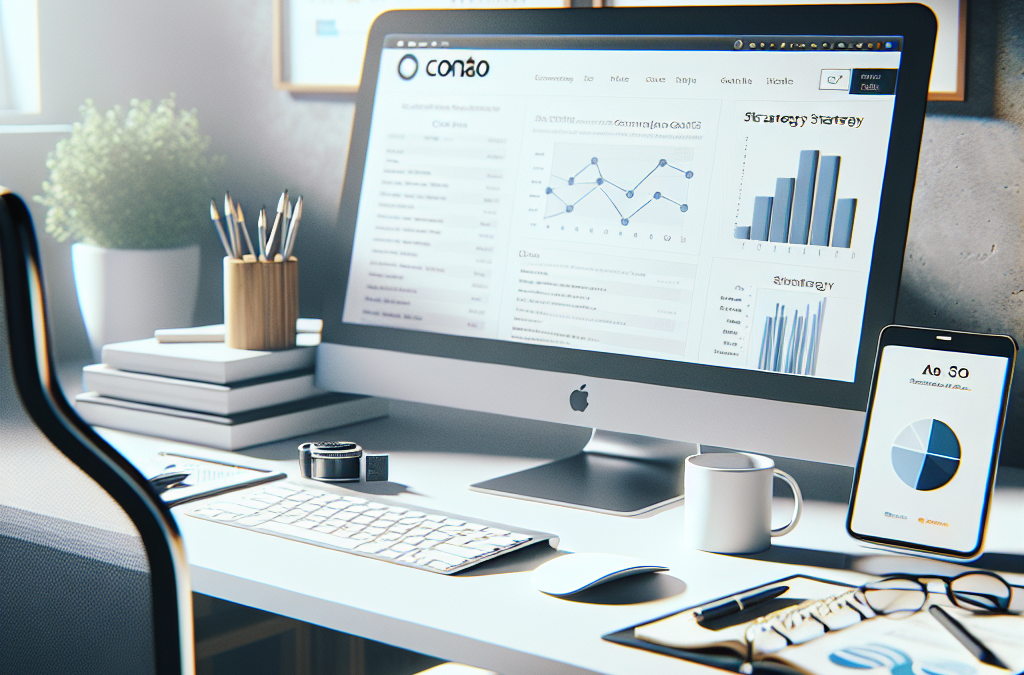 A modern office desk with a computer displaying charts and graphs, a smartphone showing a pie chart, stationery items, and a potted plant.