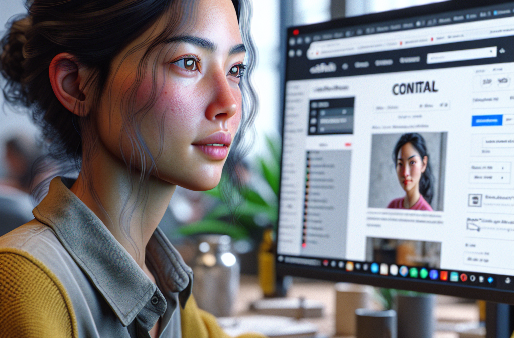A woman is sitting at a desk, focused on a computer screen displaying a website profile. The room has soft lighting and a blurred background with plants and office decor.