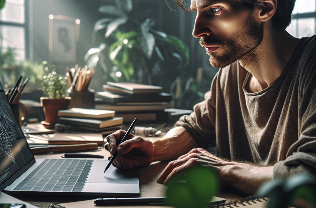A person using a digital pen to work on a laptop in a cozy workspace filled with plants and notebooks.