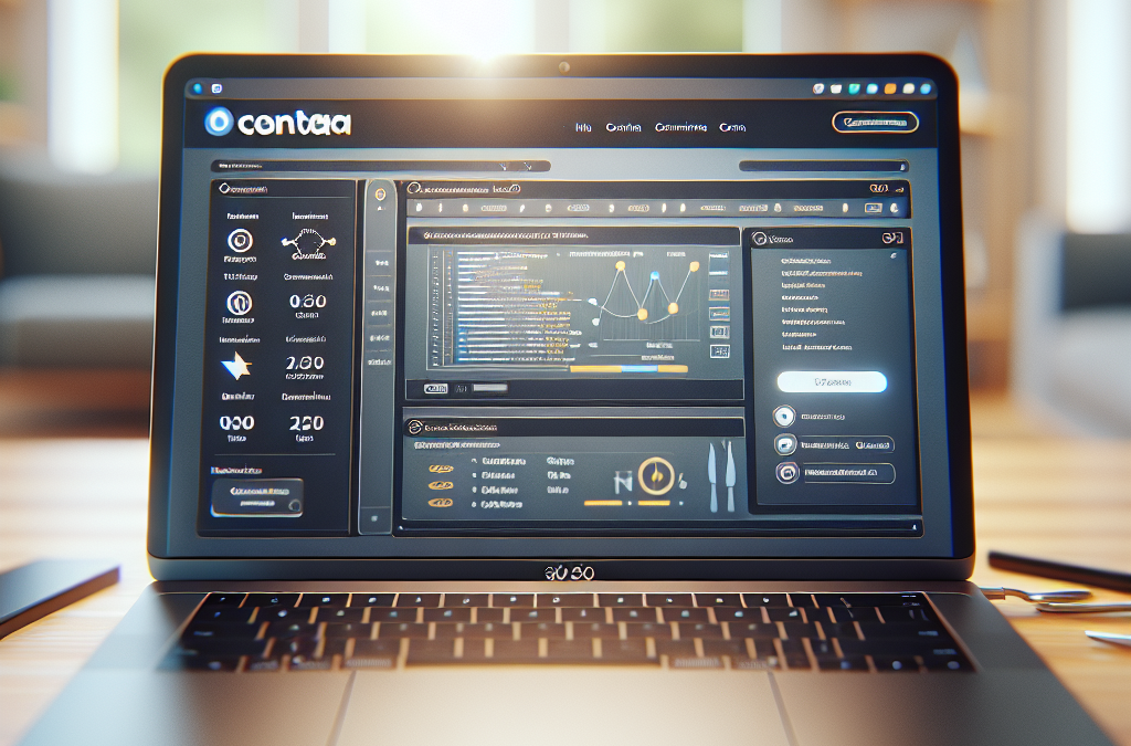 A laptop on a wooden table displays a software dashboard with charts, data metrics, and menus in a bright room.