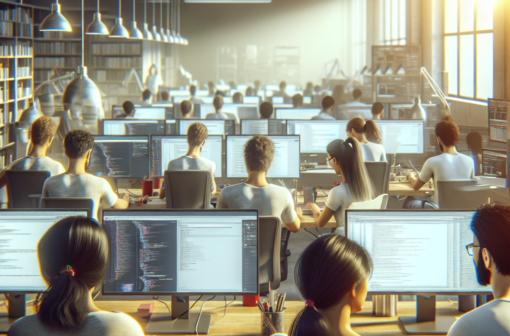 A modern office space filled with young adults working at computer workstations, each displaying code and digital content on the screens. The room is well-lit with large windows and overhead lights, creating a collaborative tech environment.