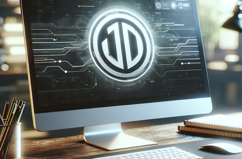 A computer monitor displaying a futuristic digital interface with a glowing circular logo in the center, on a tidy desk with notebooks, pens, a keyboard, and a mouse.