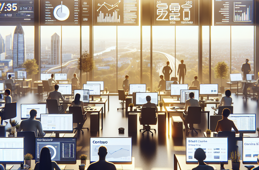 A modern office space with multiple people working at desks with computers. Large screens display graphs and data in the background, with a city skyline visible through tall windows.