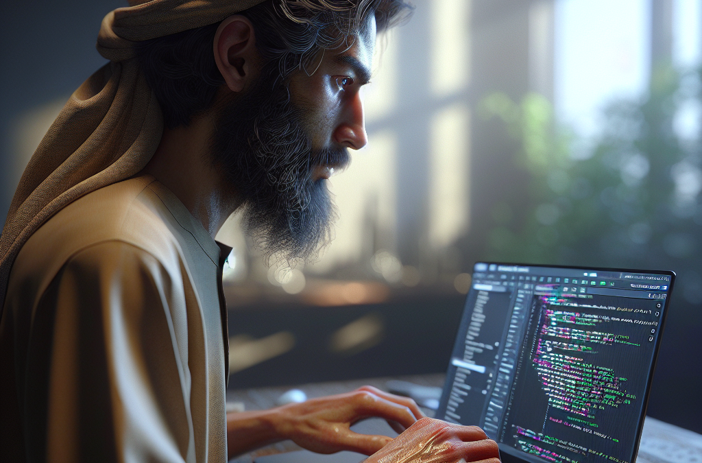 A man wearing a traditional Middle Eastern outfit is sitting at a table, focused on writing code on a laptop in a well-lit room.