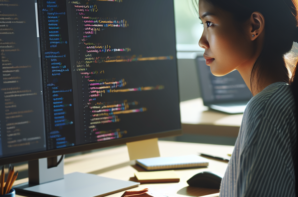 A woman is focused on coding at a computer with colorful code displayed on the monitor.