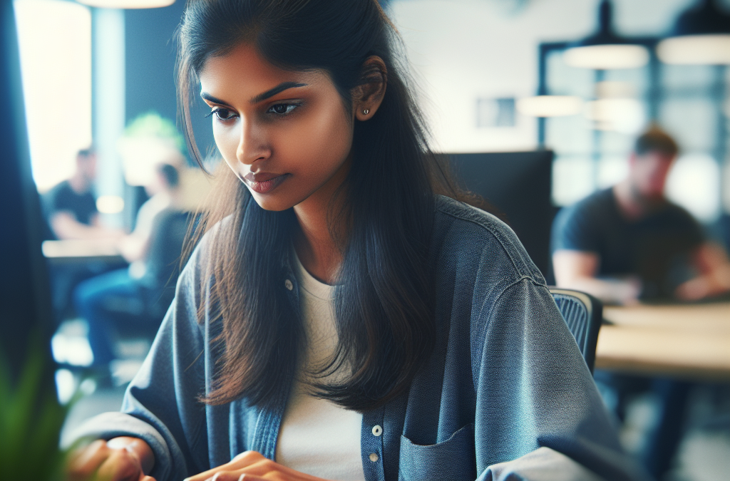 A woman working on a computer in a modern office setting.