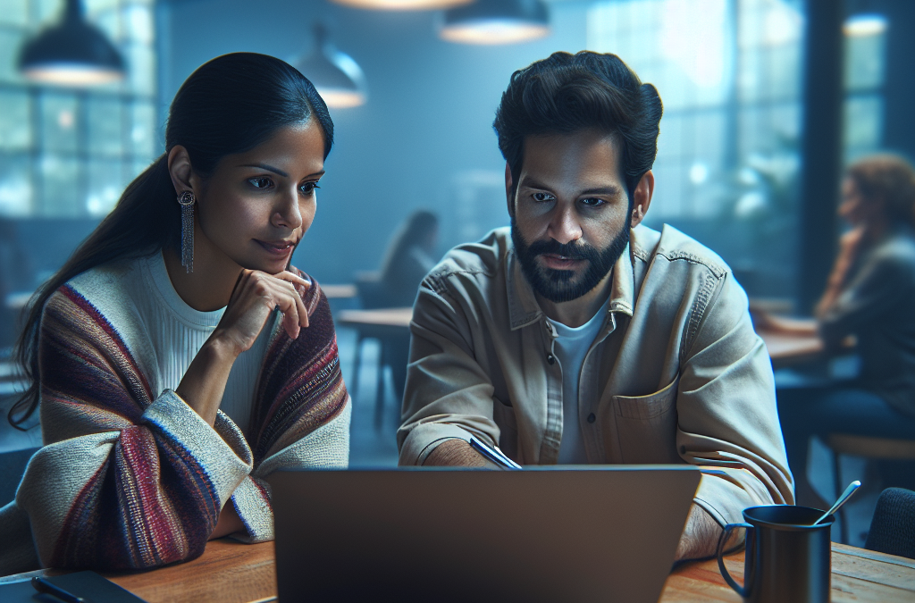 A man and a woman are sitting at a table in a coffee shop, focused on a laptop screen.