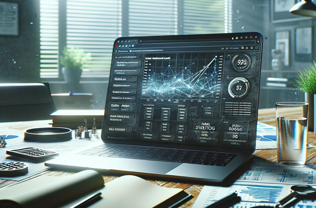 A laptop displaying a digital dashboard with graphs and data charts sits on a cluttered desk. Nearby are a notebook, pen, magnifying glass, calculators, and papers with printed charts, all illuminated by sunlight from a window.