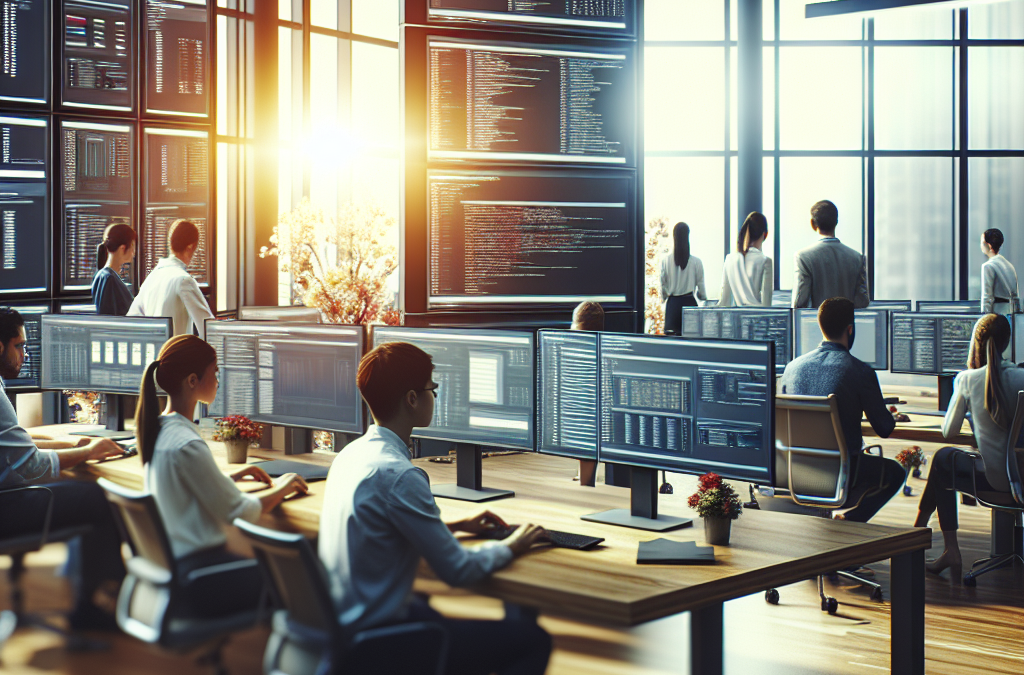 A modern office space with people working at desks on computers displaying code on their screens. Large monitors on the walls show more code, and sunlight streams through large windows.