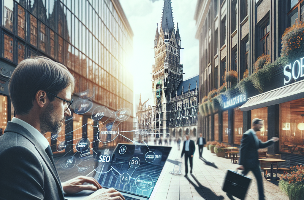 Man using a laptop with digital SEO graphics overlay, standing on a bustling street with European-style architecture and a tall clock tower in the background.