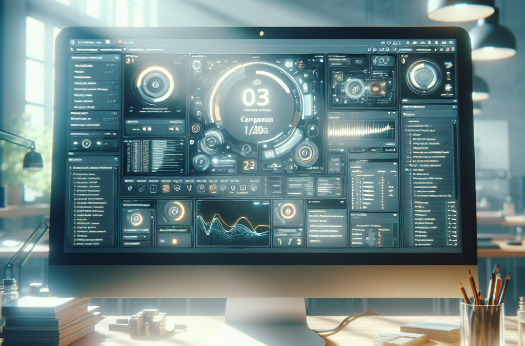 A futuristic computer interface on a desktop screen displaying various digital gauges and graphs in a dimly lit office.