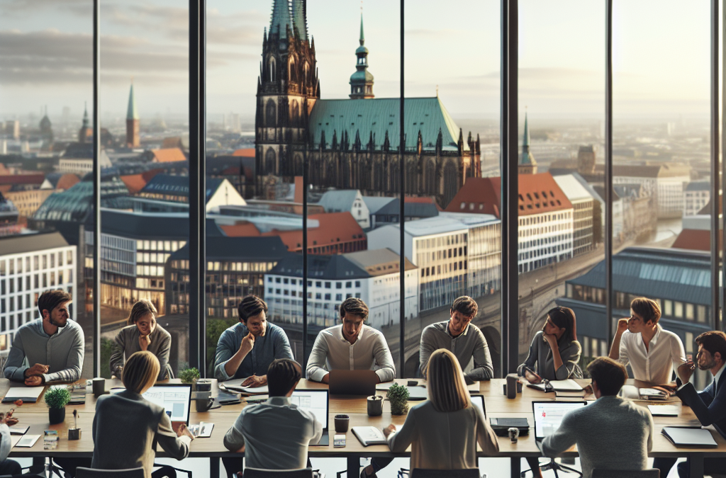 A group of people are having a meeting in a modern conference room with large windows. The view outside shows an urban cityscape with a prominent Gothic-style cathedral.