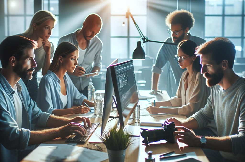 A group of people collaborating in a modern office, working around a computer screen. Sunlight streams through a large window, illuminating the workspace.