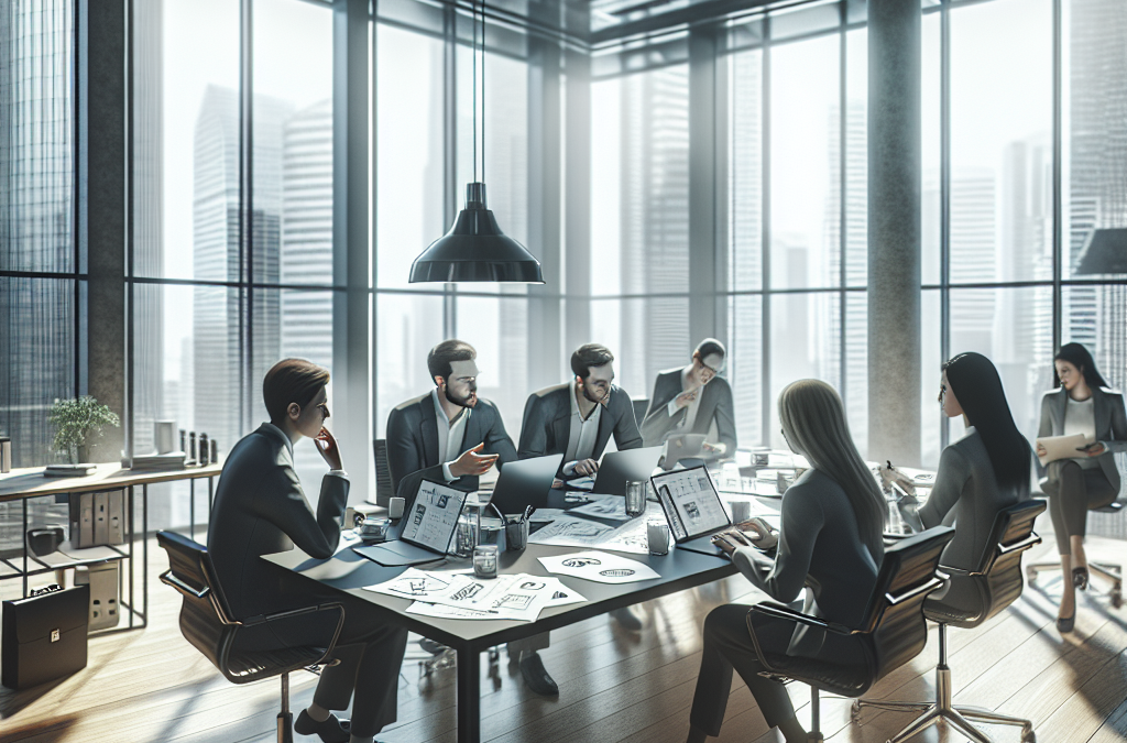 A group of business professionals engaged in a meeting in a modern office with large windows and city views. Laptops and documents are spread across the table.