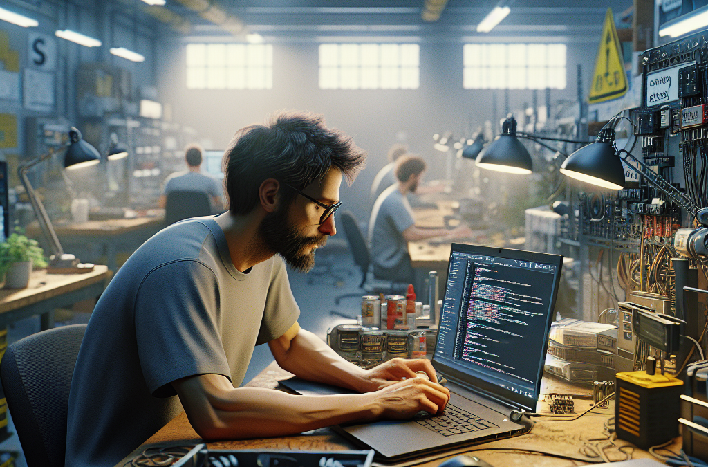 A person is working on a laptop at a cluttered workshop bench, surrounded by electronic components and tools. The setting is an industrial-style workshop with several people working in the background.