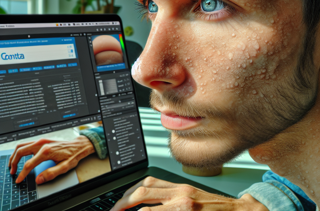 A person intensely focusing on a computer screen with sweat on their face, typing on a laptop. The screen displays a digital editing or design software interface.