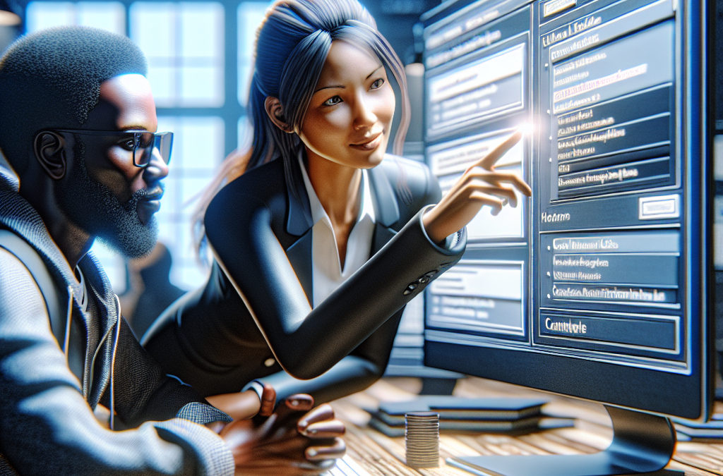 Two people in an office setting are looking at a computer screen displaying data or a resume. The woman is pointing at the screen while the man observes. The atmosphere is professional and collaborative.