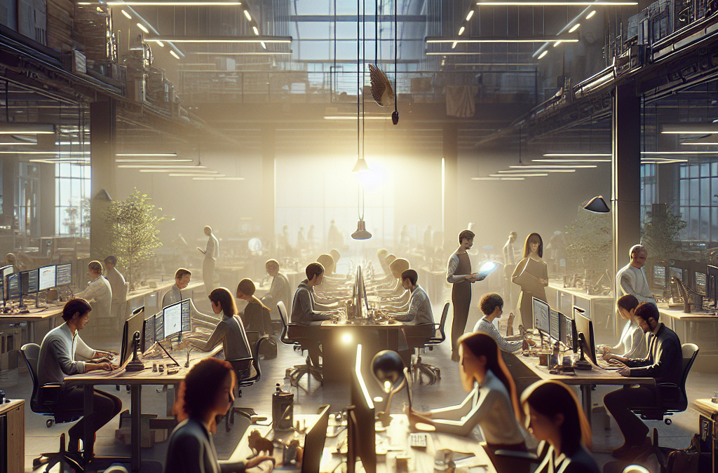 A modern, bustling office space with people working at desks and computers, illuminated by overhead lighting.