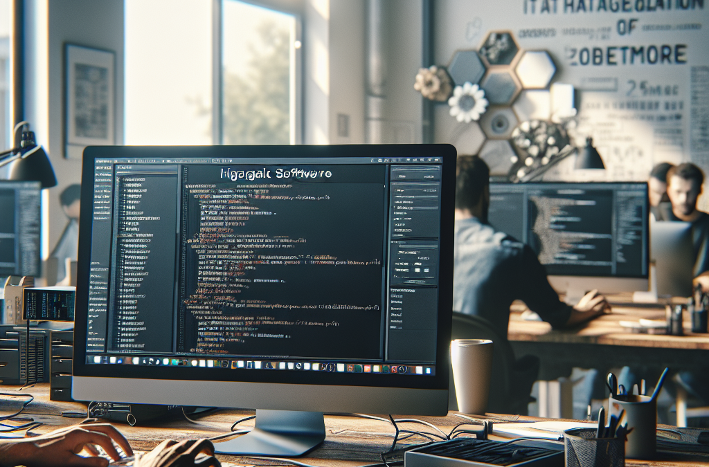 A modern office with people working at computers displaying code, featuring large windows and industrial-style lighting.