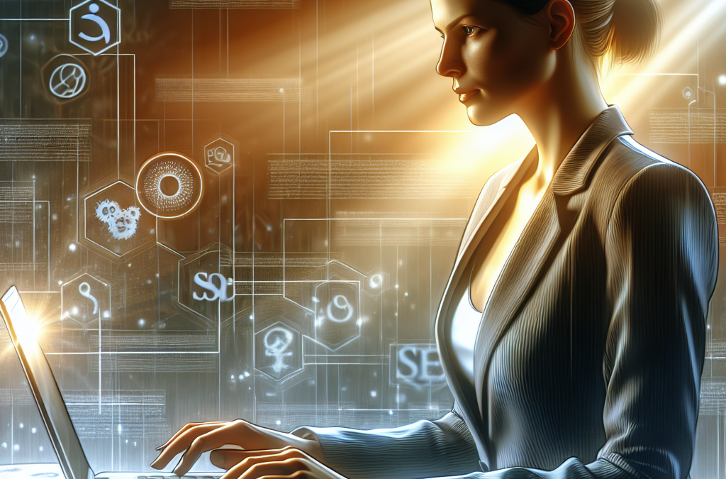 A woman in a suit is typing on a laptop, surrounded by digital icons and holographic elements, under warm light.