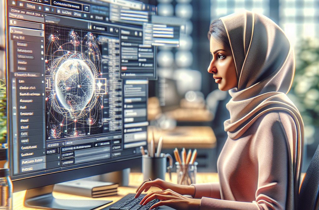 A woman in a hijab is sitting at a desk in a modern office, working on a large computer monitor displaying digital graphics and data.