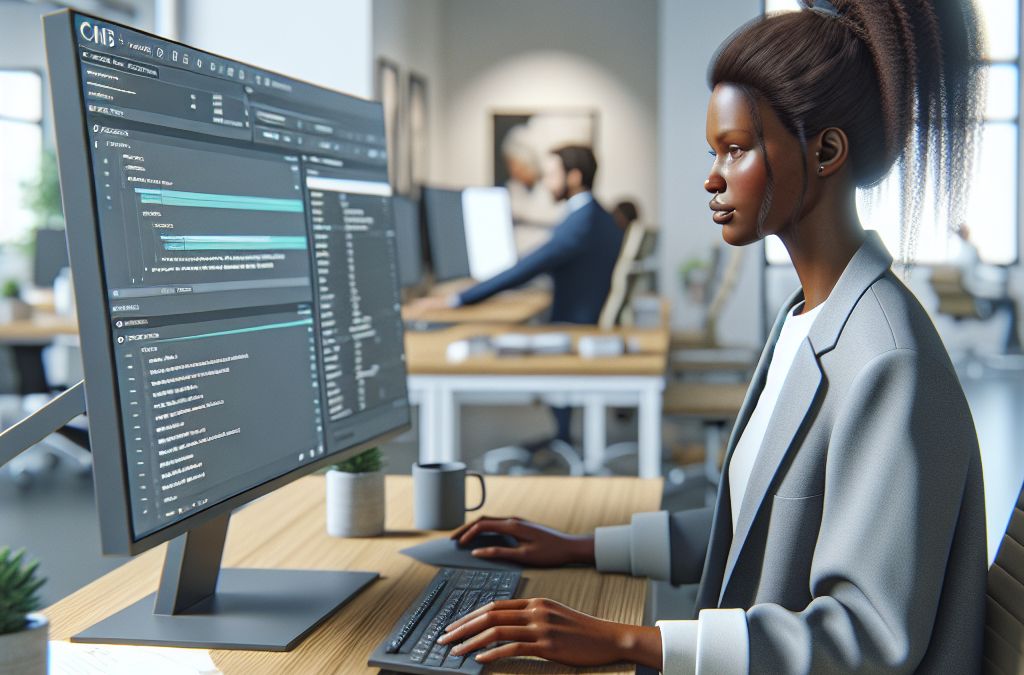 A woman in a professional setting is working at a computer with multiple monitors. The office is modern, with people in the background focusing on their tasks. She is wearing a blazer and appears engaged with the content on the screen.