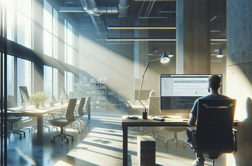 A person sits at a desk in a modern, well-lit office space, working on a computer. Sunlight streams through large windows, illuminating the open-plan area with chairs and plants.