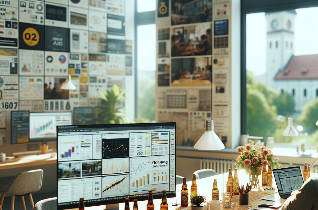 A modern office space with computers displaying charts and data. The table is cluttered with beer bottles, glasses, notebooks, and pens. The background features large windows overlooking a building and walls covered with various charts and images.