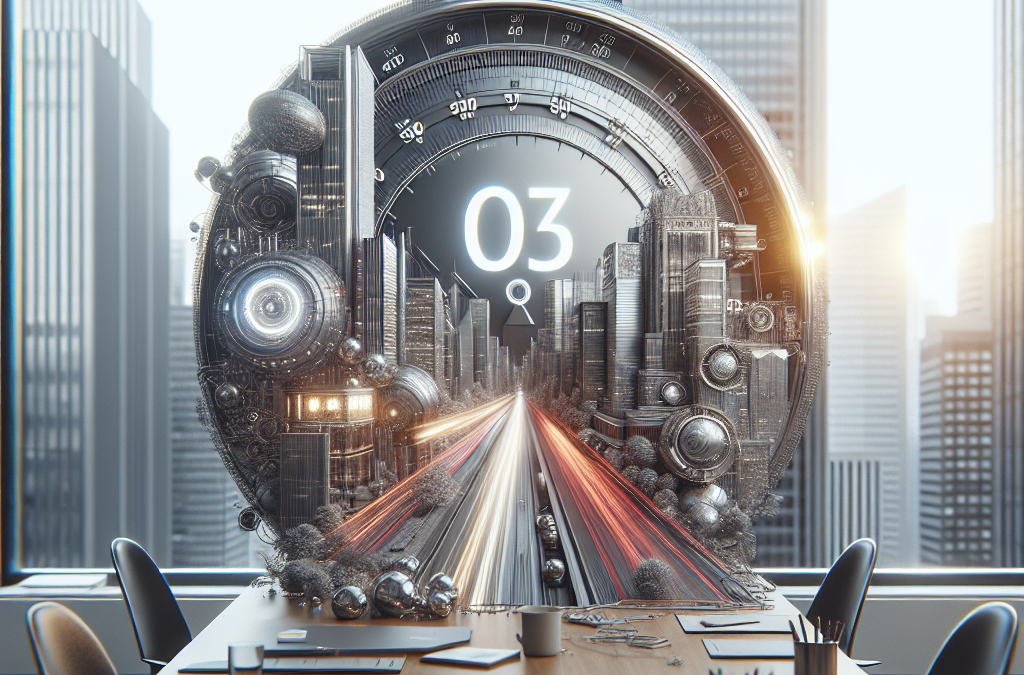 A futuristic cityscape is integrated into a large, complex clock-like mechanism, positioned at the end of a modern conference room table. The scene blends urban and mechanical elements, with high-rise buildings and dynamic light trails, viewed through large windows displaying a city skyline.