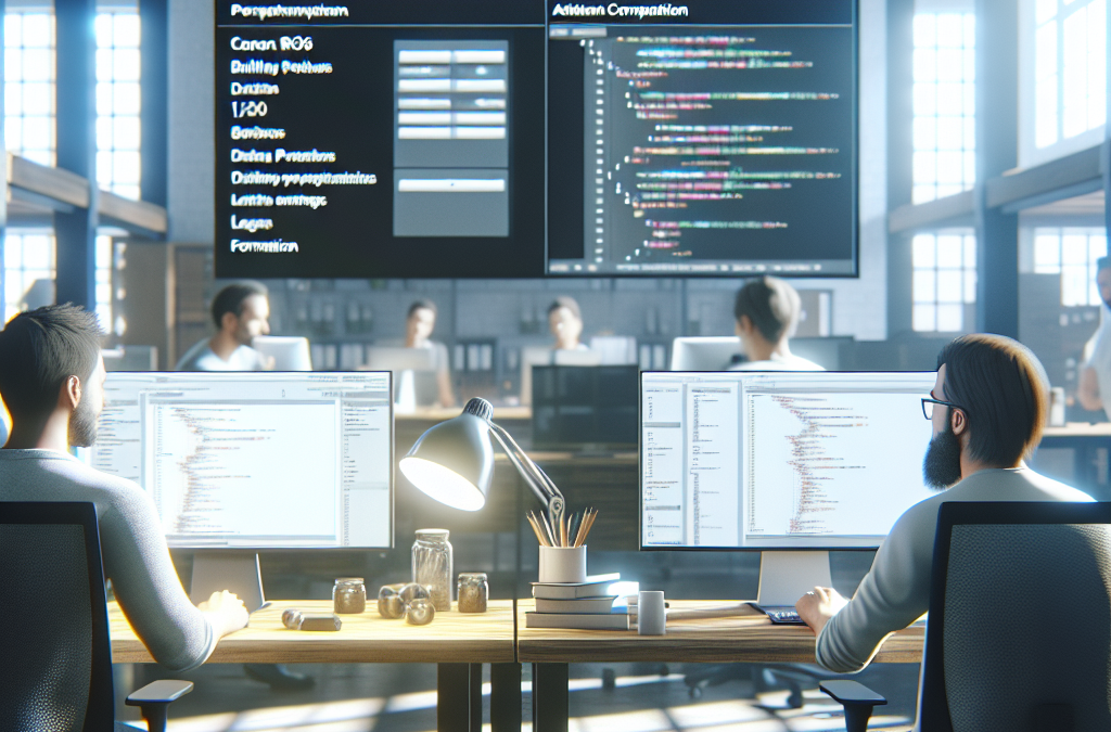 An office with people working at desks, two in the foreground using computers displaying code. A large screen in the background shows a presentation titled "Comparison between CMMS".