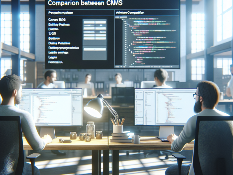 An office with people working at desks, two in the foreground using computers displaying code. A large screen in the background shows a presentation titled "Comparison between CMMS".