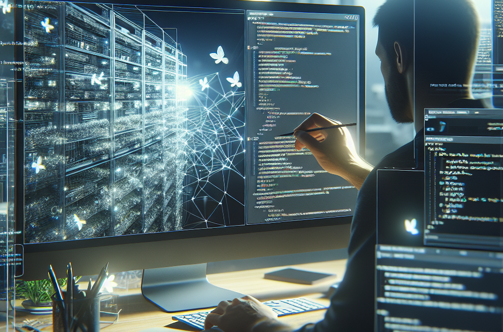 A person is working at a desk with multiple computer screens displaying codes and digital graphics. The room is dimly lit, and there are network diagrams and glowing connections on the screens.