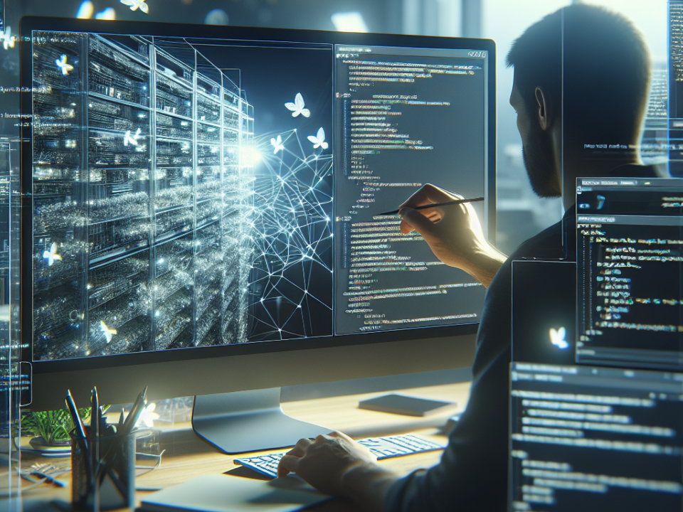 A person is working at a desk with multiple computer screens displaying codes and digital graphics. The room is dimly lit, and there are network diagrams and glowing connections on the screens.