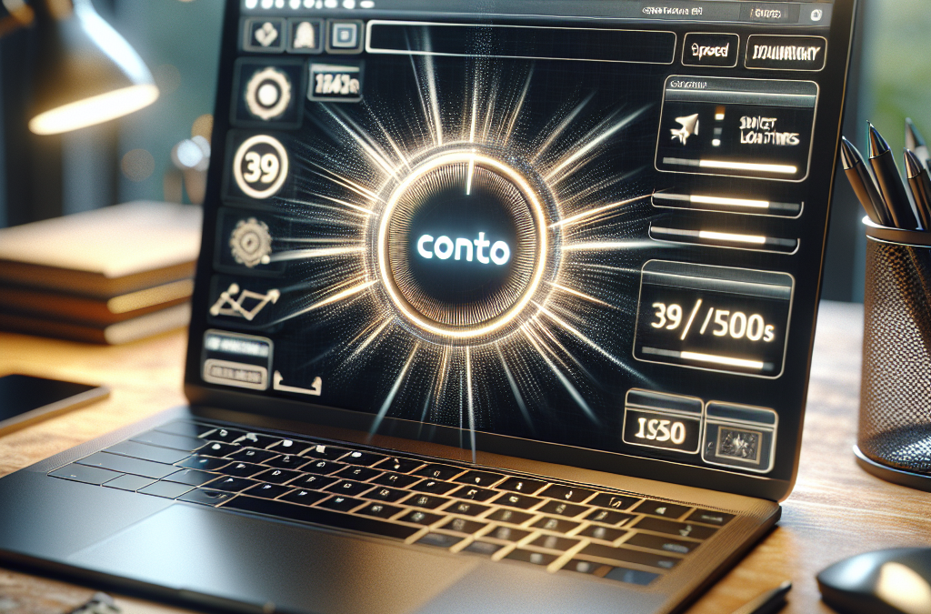 A laptop on a desk displays a futuristic interface with glowing graphics centered around the word "conto." The screen shows various icons, numbers, and data, suggesting a tech-oriented theme. The setting includes office supplies like a notebook and pen.