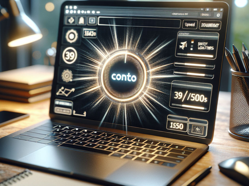 A laptop on a desk displays a futuristic interface with glowing graphics centered around the word "conto." The screen shows various icons, numbers, and data, suggesting a tech-oriented theme. The setting includes office supplies like a notebook and pen.