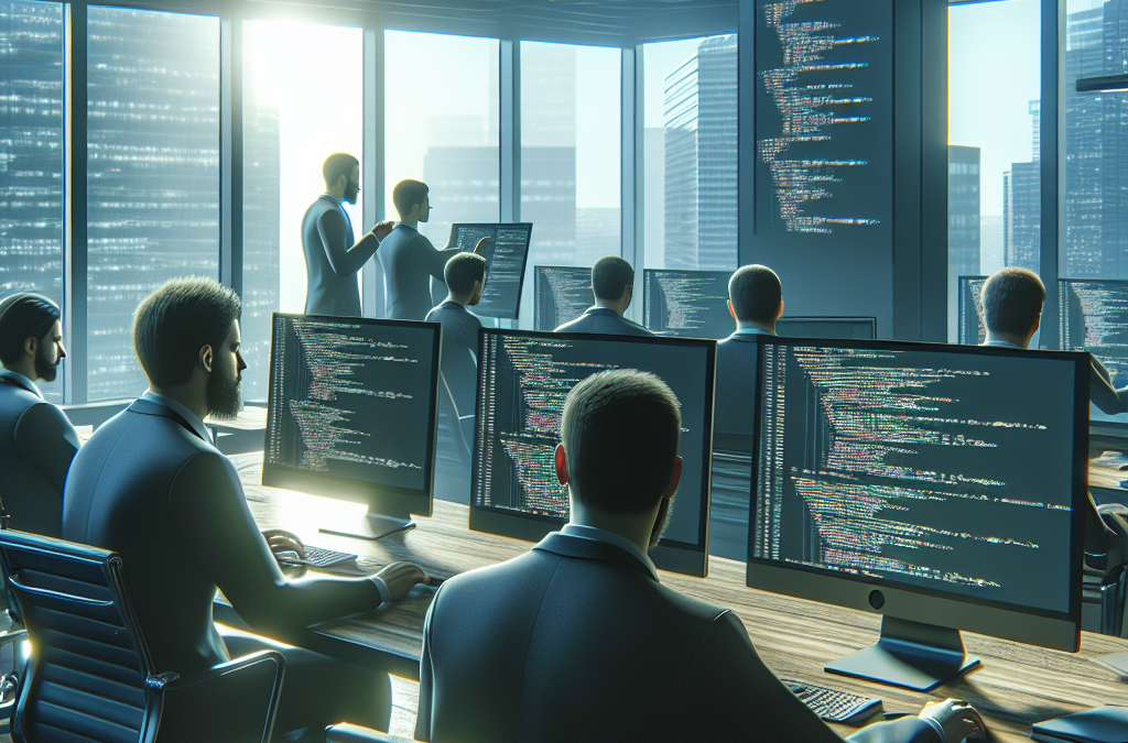 A modern office setting with multiple people working at computer desks, coding on large monitors, with cityscape visible through the windows.