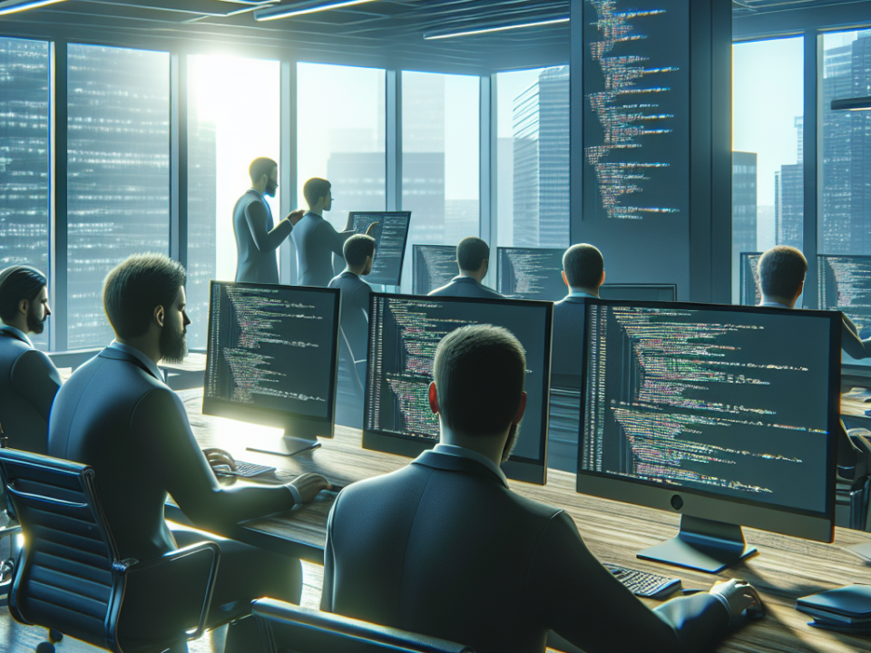 A modern office setting with multiple people working at computer desks, coding on large monitors, with cityscape visible through the windows.