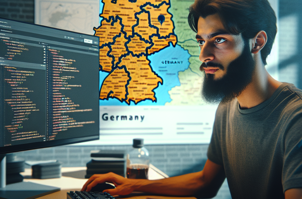 Young man working at a computer with visible code on the screen, a map of Germany is in the background.