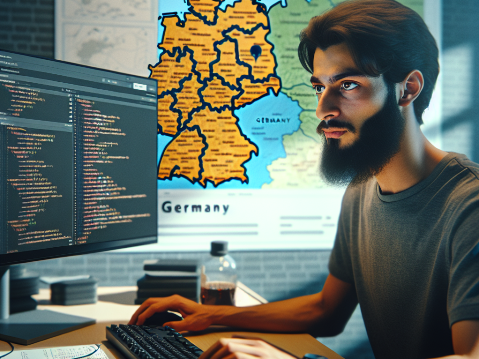Young man working at a computer with visible code on the screen, a map of Germany is in the background.