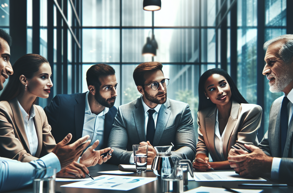 A diverse group of professionals in business attire is engaged in a discussion around a conference table in a modern office setting. Documents and glasses of water are on the table.