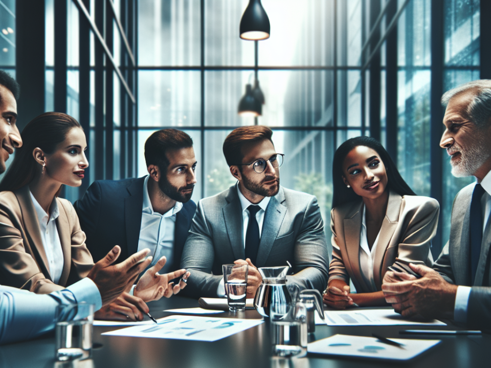 A diverse group of professionals in business attire is engaged in a discussion around a conference table in a modern office setting. Documents and glasses of water are on the table.