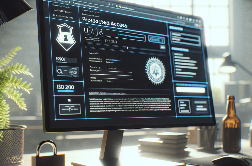 A computer monitor displays a cybersecurity interface with various security icons and a “Protected Access” section. The workspace includes a keyboard, mouse, a padlock, potted plant, and a bottle. The background features a sunlit window.