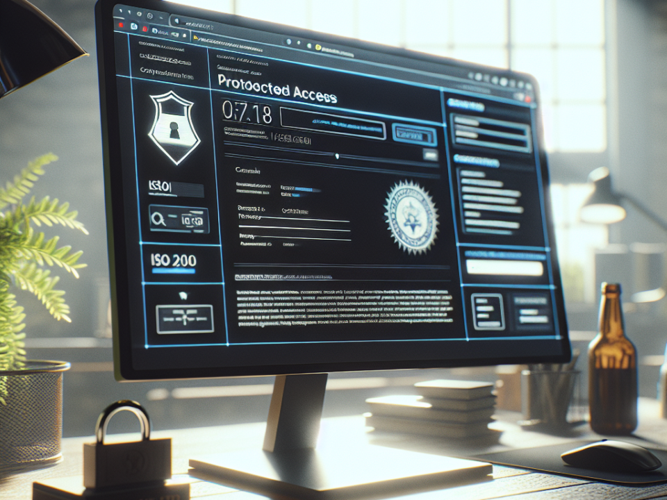 A computer monitor displays a cybersecurity interface with various security icons and a “Protected Access” section. The workspace includes a keyboard, mouse, a padlock, potted plant, and a bottle. The background features a sunlit window.