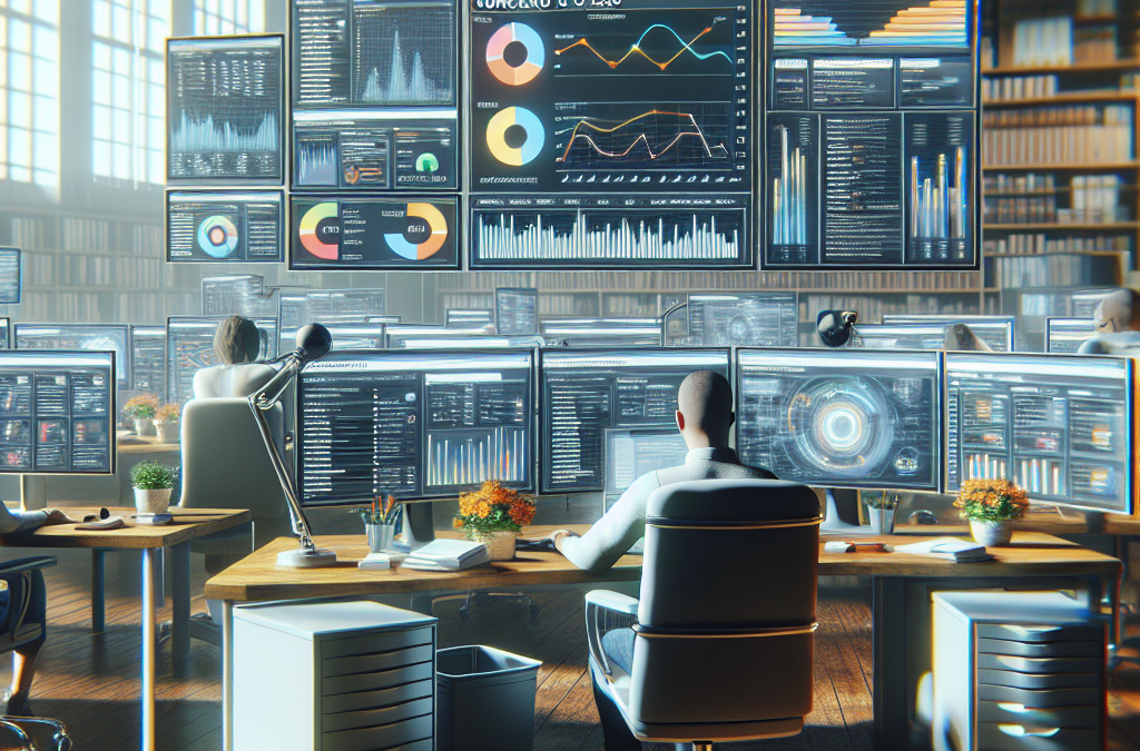 A modern office with several people working at desks, using multiple computer monitors displaying charts, graphs, and data analytics.