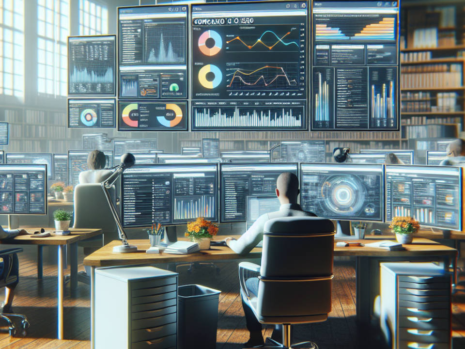 A modern office with several people working at desks, using multiple computer monitors displaying charts, graphs, and data analytics.