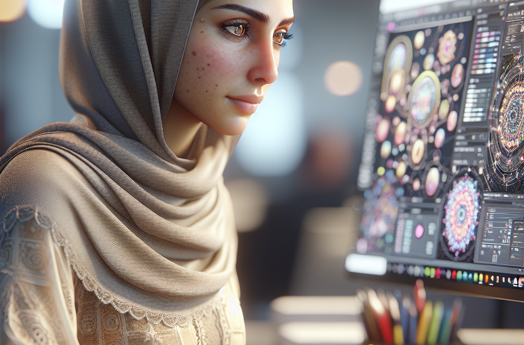 A woman in a headscarf is seated at a desk, focused on her computer. The screen displays intricate, colorful designs. The setting has a soft, glowing ambiance.