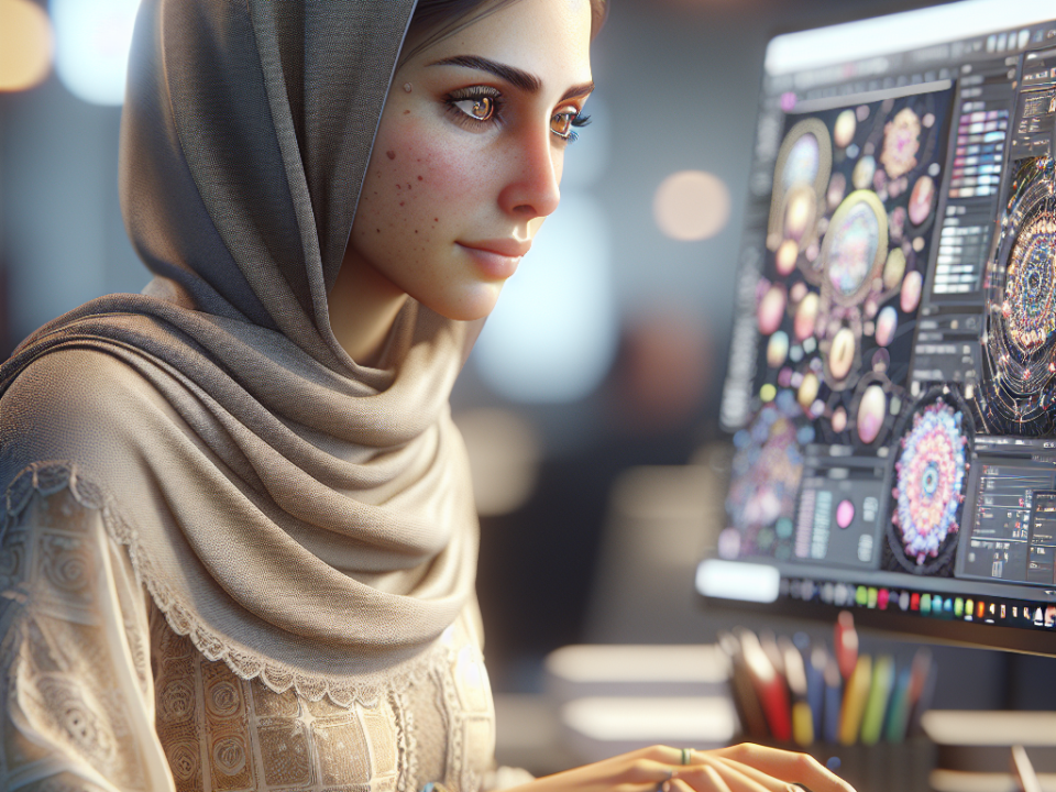 A woman in a headscarf is seated at a desk, focused on her computer. The screen displays intricate, colorful designs. The setting has a soft, glowing ambiance.